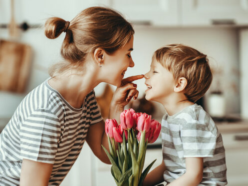 Mom and son on a spring day in their Tampa home